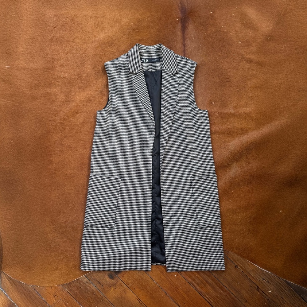 Zara Houndstooth Longline Vest Blazer Sleeveless Jacket Size XS